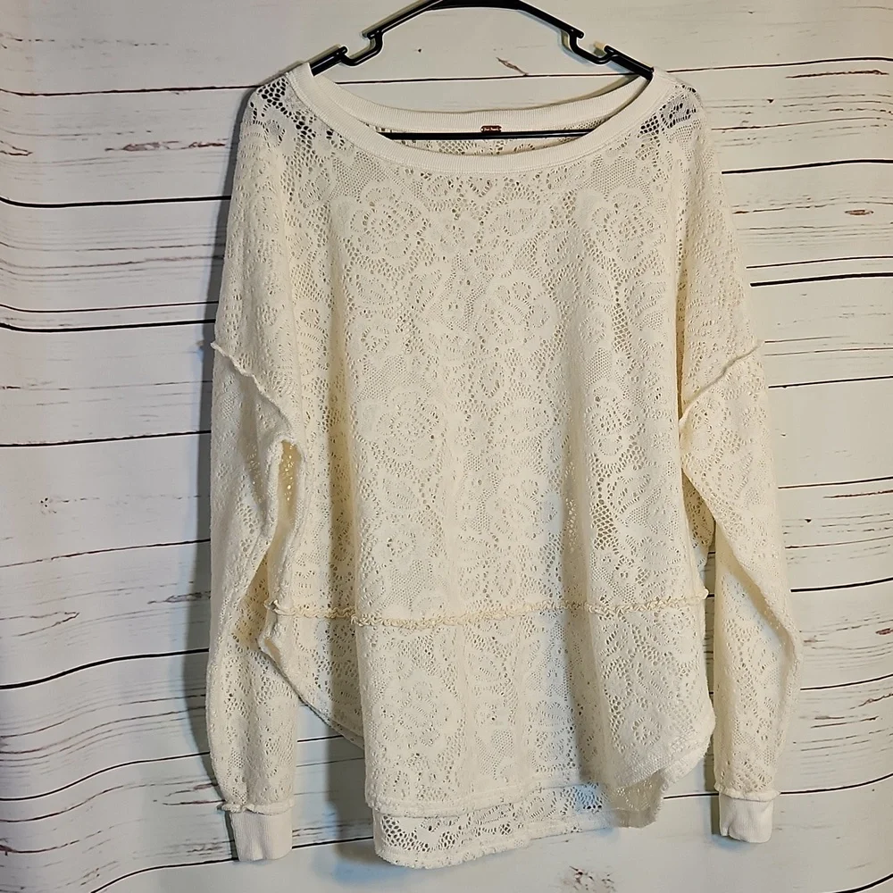 Free People Ivory Lace Knit Pullover Sweater Top, Bohemian Chic,‎ Relaxed
